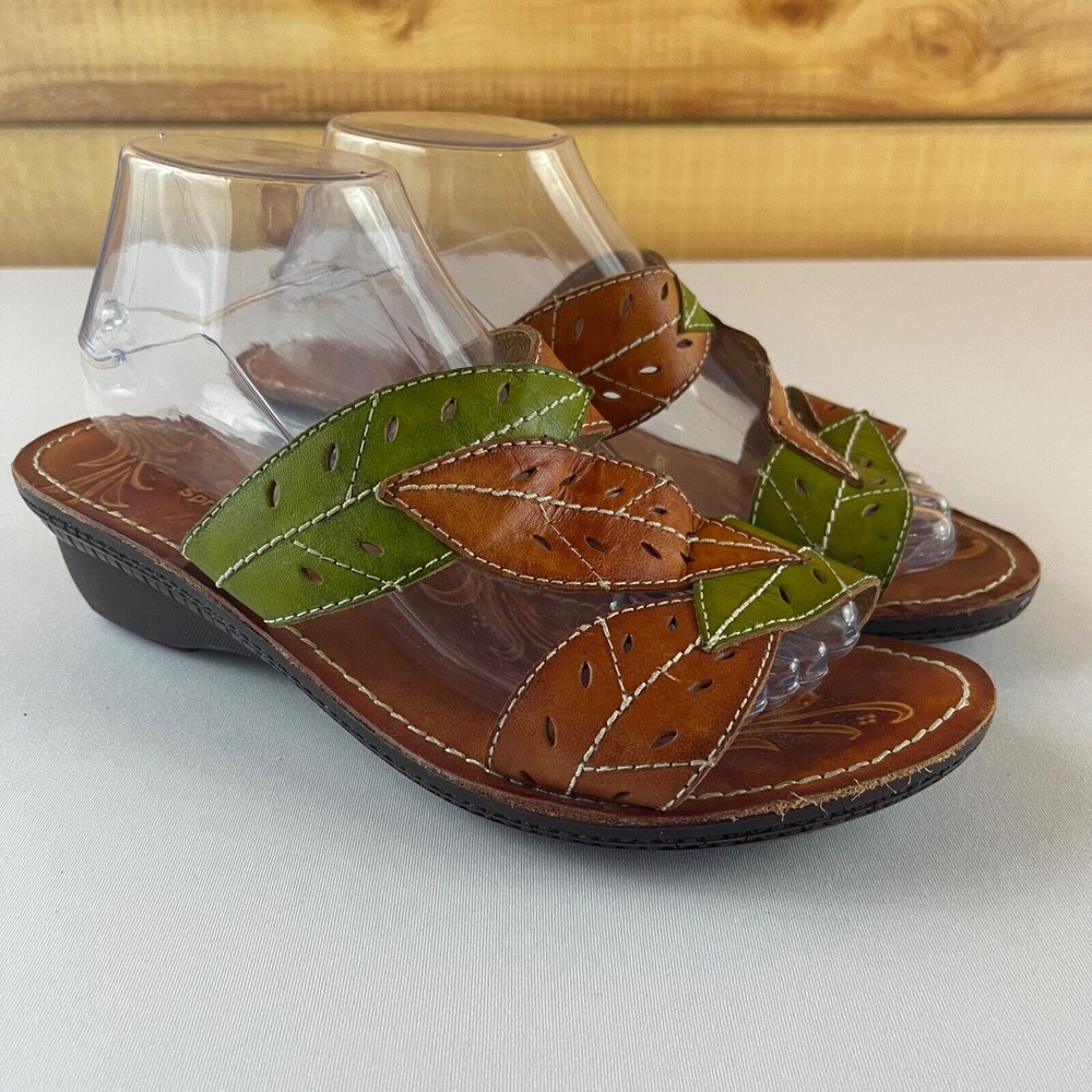 Spring Step Azalea Size 42/10.5-11 Leather Leaf Artsy Boho Slip On Wedge Sandals